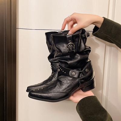 Herbst Neuer Stil Spitzärmel Nieten Metallschnalle Weiche Sohle Rutschfest Dicker Absatz Einzelne Schuhe Western Stiefeletten