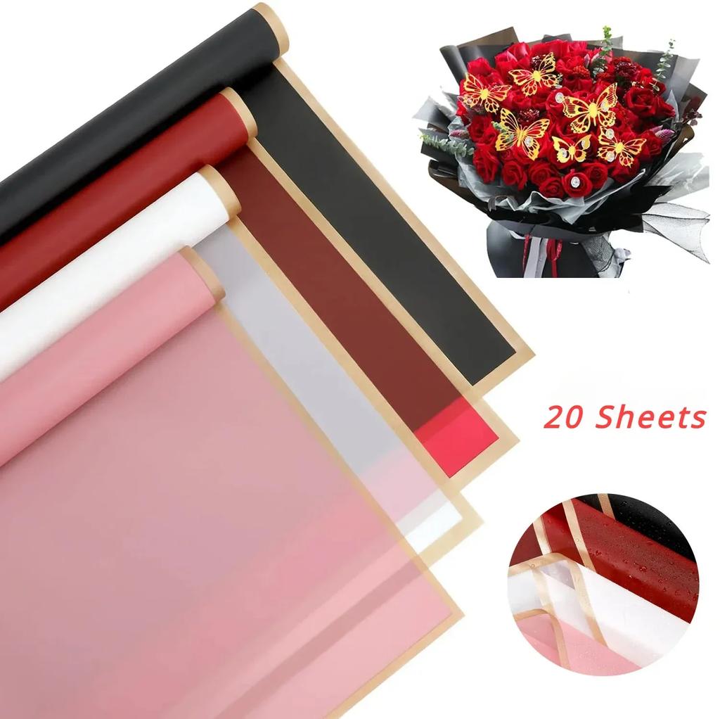20 Sheets Korean Style Floral Wrapping Paper with Golden Border Semi Transparent Material for Rose Bouquet and Gift Packaging