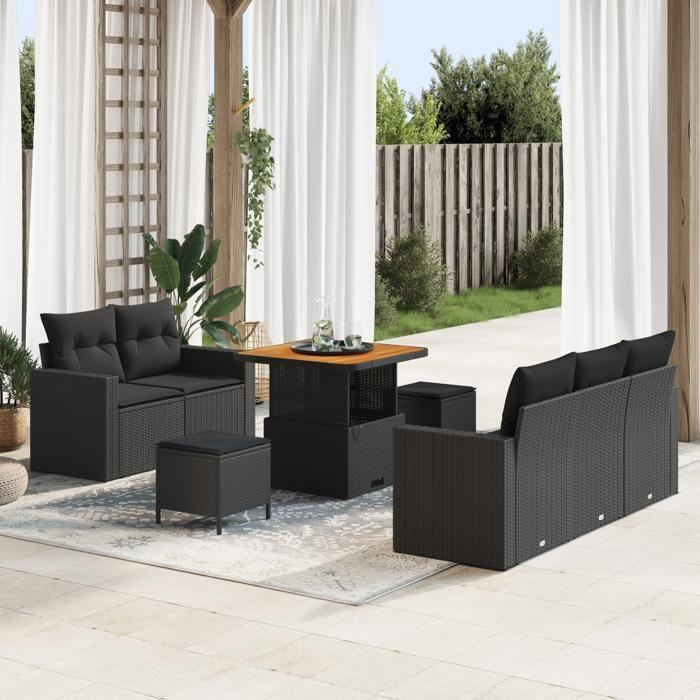 Ensemble de Canapés de Jardin 8 Pièces avec Coussins Noir Rattan Poly Acacia, Ensemble de Salle à Manger de Jardin 3 Pièces 3363504