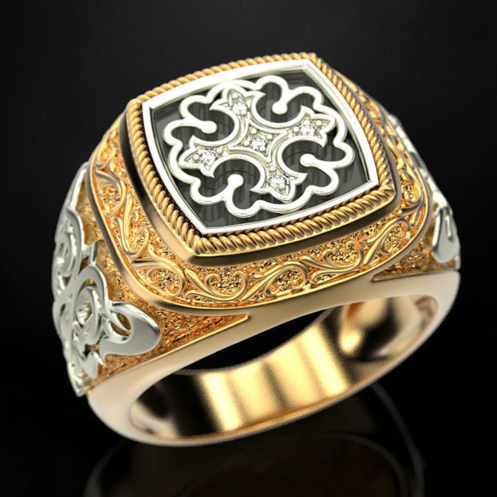 

Vintage Engraved Two Tone 18k Gold Plated Ring Mens Wedding Band European American Retro Style Jewelry no. 12