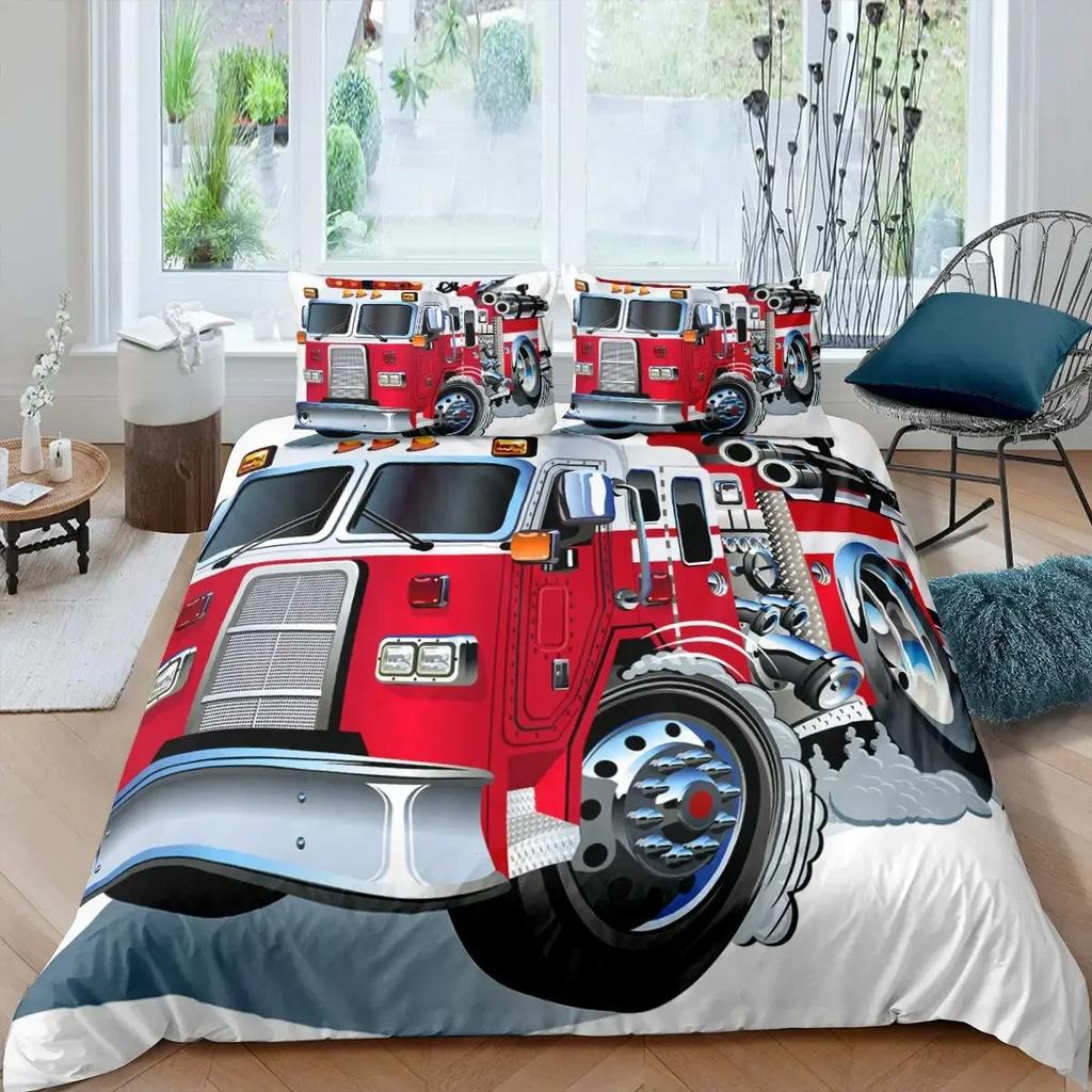 Camion dei Pompieri Rosso Auto dei Pompieri Copripiumino Confortevole Copricuscino Set Biancheria da Letto Decorazione Camera da Letto Bambini Tessile per la Casa