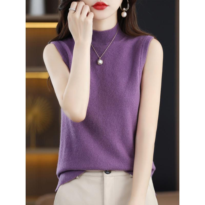INDFS Women's Fashion Casual Summer Spring Solid Color Print Sleeveless Half Turtleneck Blouses & Shirts