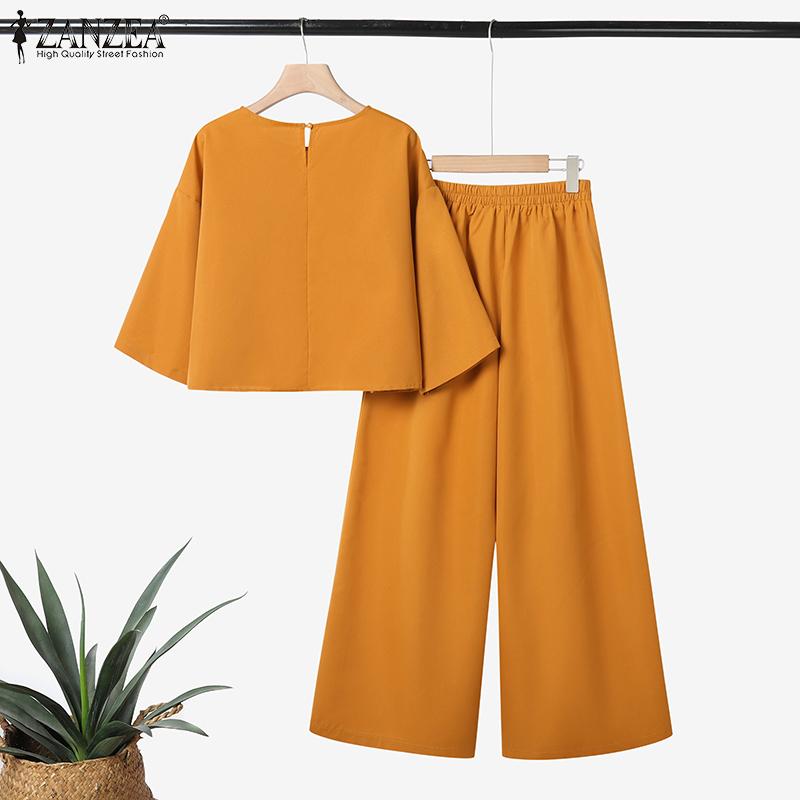 ZANZEA Women 3/4 Sleeve Blouse and Wide Leg Pants Casual Two Piece Suit Sets
