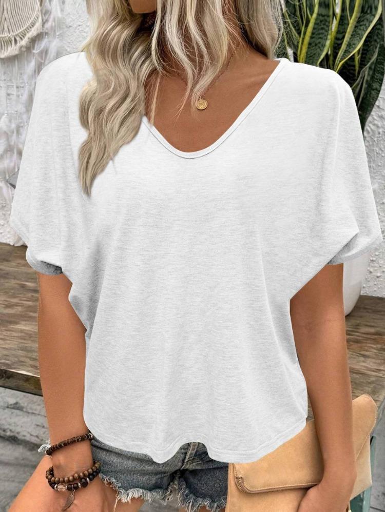 European-American Style New V-Neck Pleated T-Shirt Loose Fit Short Sleeves Candy Colors