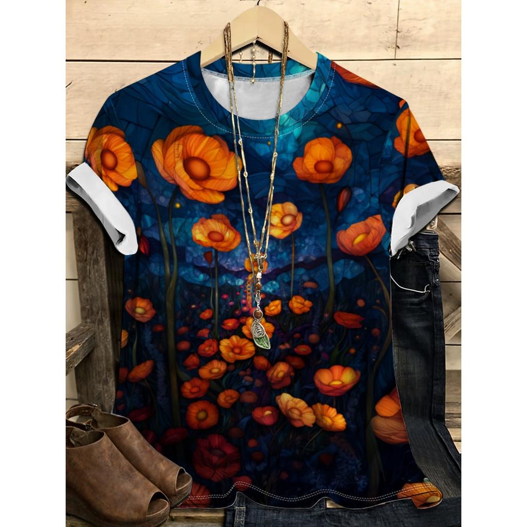 Summer Round Neck Flower Pattern 3D Print Top Fashionable Casual Short Sleeved Women's T-shirts