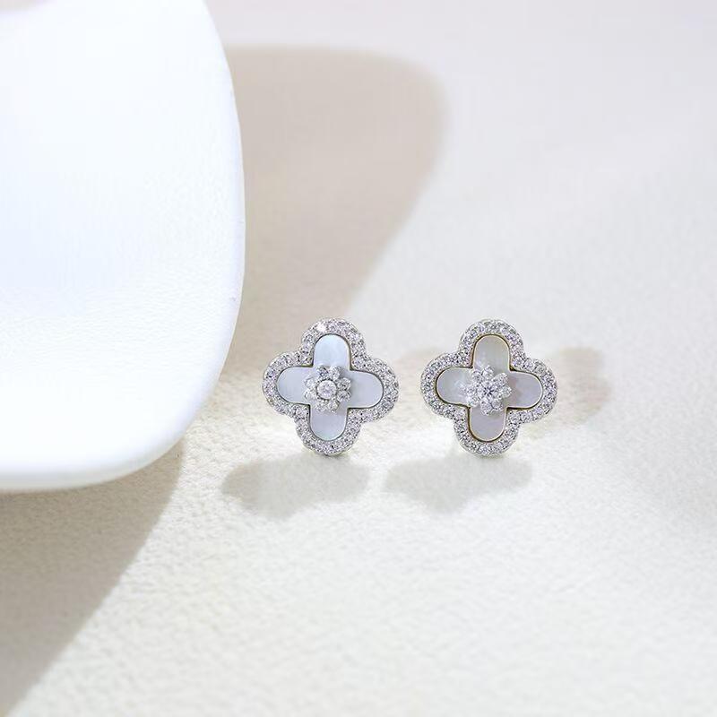 Elegant Pink Four-Leaf Clover Necklace Set With Floral Pendant Rose Gold Plated Copper Jewelry Women