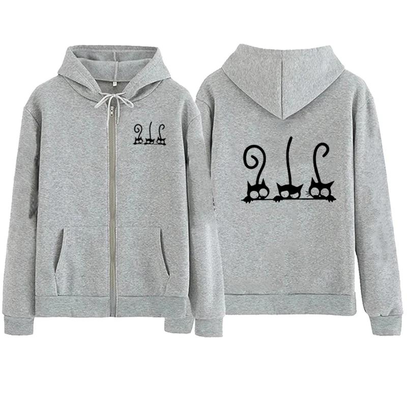 Women Cute Cat Zipper Hooded Autumn Winter Women Casual Outdoor Sports Long Sleeve Fleece Sweatshirts Jacket Coat
