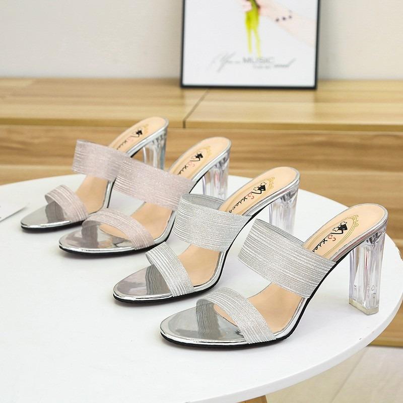 High-heeled cool slippers women's summer new thick-heeled one-word sandals lazy half slippers