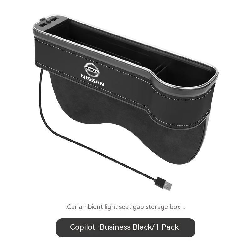 AUK2 Car USB Charging Colour Light Seat Gap Storage Box For Nissan X-Trail Qashqai Sentra Serena Tiida Teana Juke Leaf Micra Almera