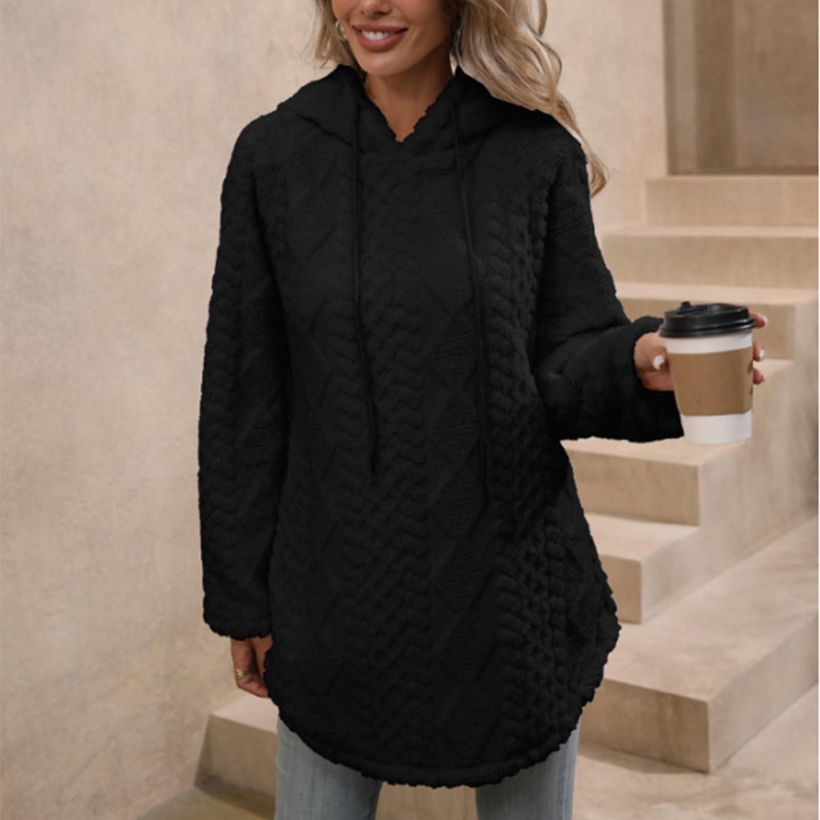 

Women s Casual Solid Color Hooded Pullover Long Sleeve Furry Sweatshirt S чорний