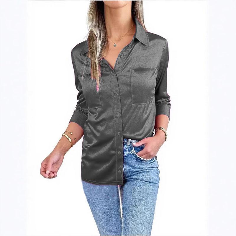 

Женская рубашка-рубашка из однотонного атласа с длинными рукавами и лацканами на весну и лето XXL серый