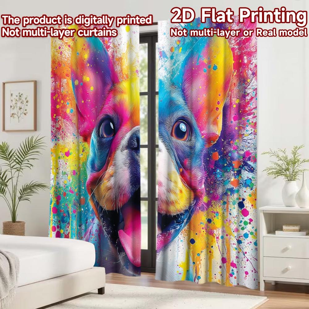 2D flat printing 2pcs Curtain Curtains Colorful Bulldog Portrait Digital Printed Polyester Drapes Festive Curtains Perfect for