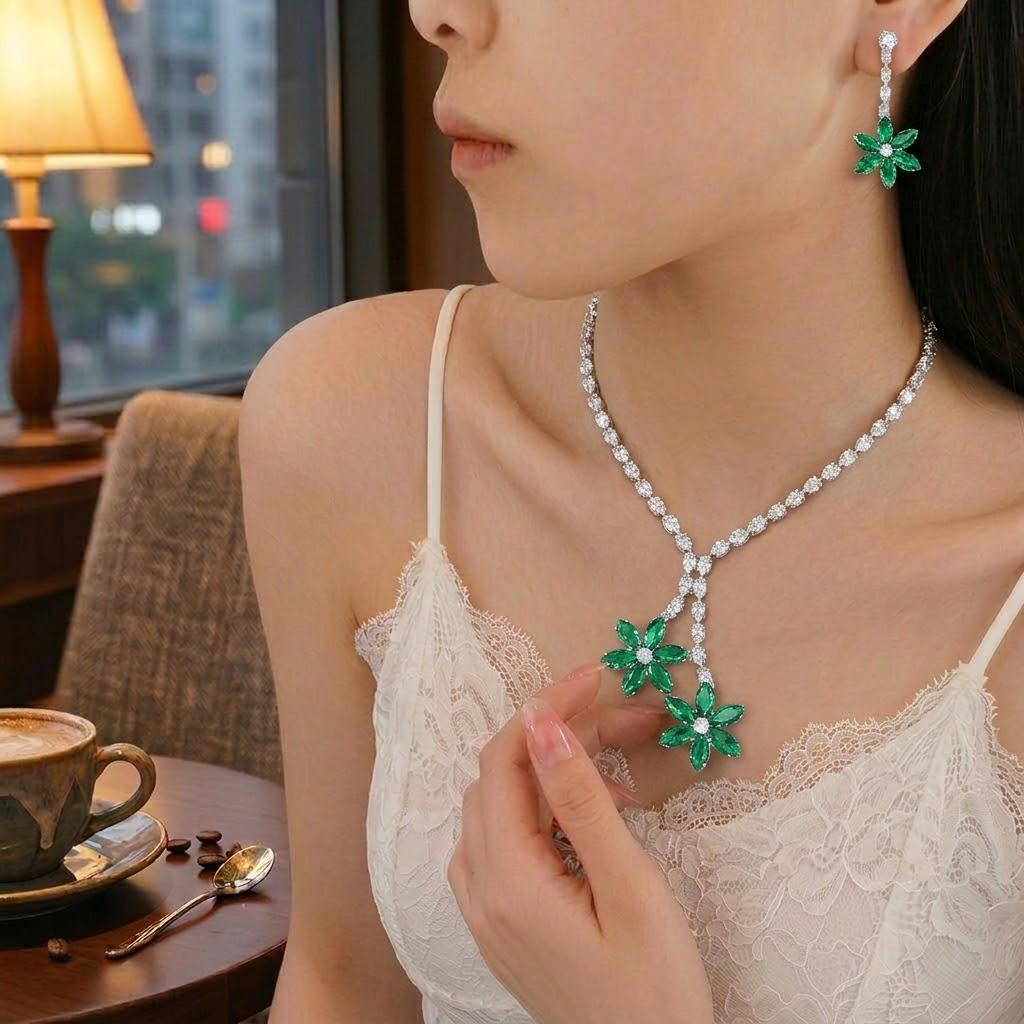 European & American Style Zircon Emerald Necklace & Plum Blossom Earrings Set