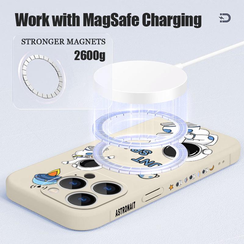 Cartoon Astonaut Planet Pattern Case For iPhone 16 Pro Max Magnetic For Magsafe Soft Cover For iPhone 17 15 14 13 Pro Max 17E 16E
