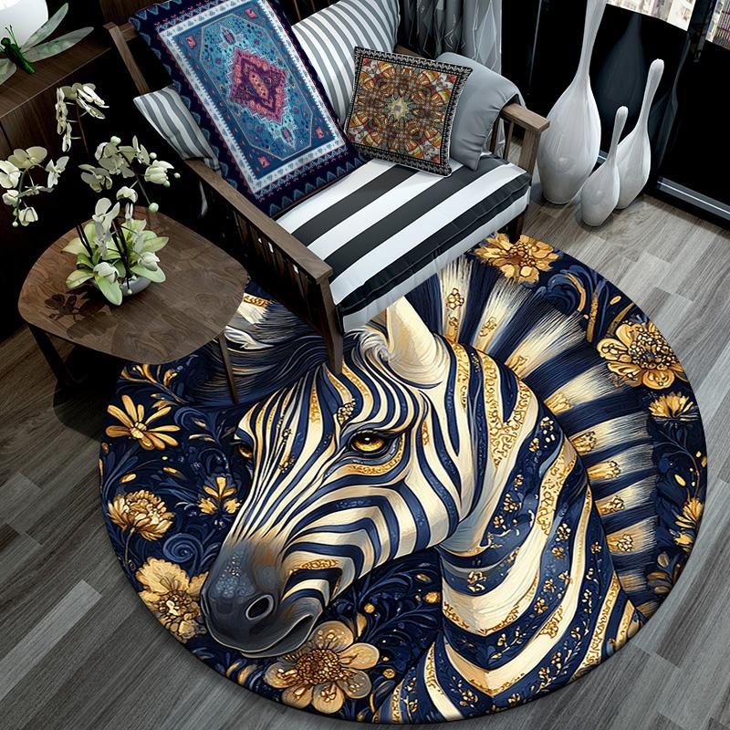 Golden Zebra Round Area Rug,Carpet Rug for Living Room Bedroom Sofa Playroom Decor,Non-slip Floor Mat