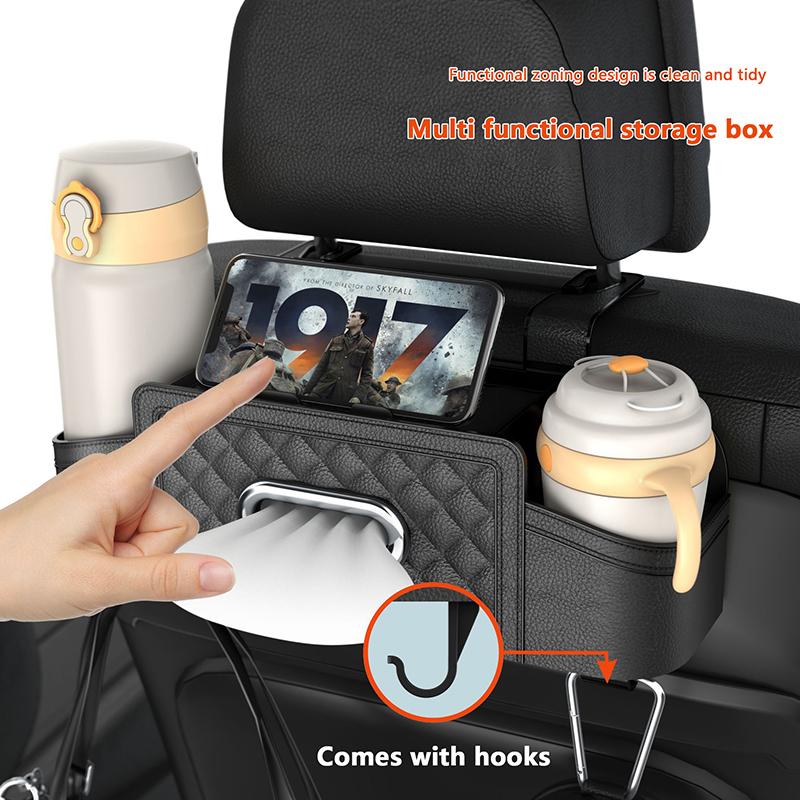 Multifunctional Car Seat Back Leather Tissue Storage Box Phone And Tablet Stand Place Water Cup Portability Trash Hook Bag