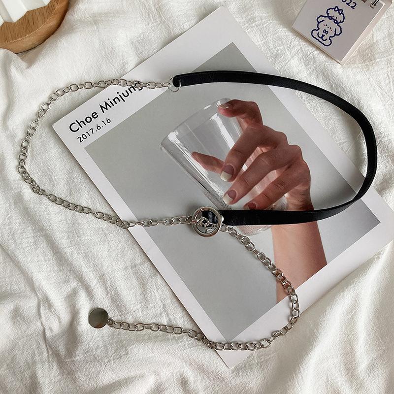 Thin Belt Women Metal Chain Black Pu Leather Splicing Belt Trendy Shirt Decoration Suit Matching All-Match Dress Shirt Chain