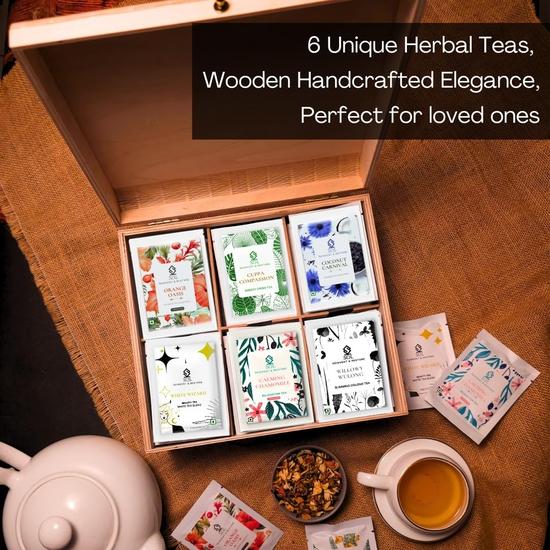 SOL Wooden Premium Green Tea Gift Box | 6 Wellness Teas | 60 Total Tea Bags | Assorted Tea Bags Gift Box | Corporate Gifting