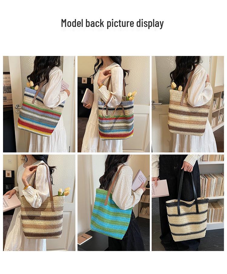 Bolsa de Palha Tecida com Listras Arco-Íris Feminina - 2026 Bolsa de Ombro de Grande Capacidade para Férias na Praia e Deslocamento