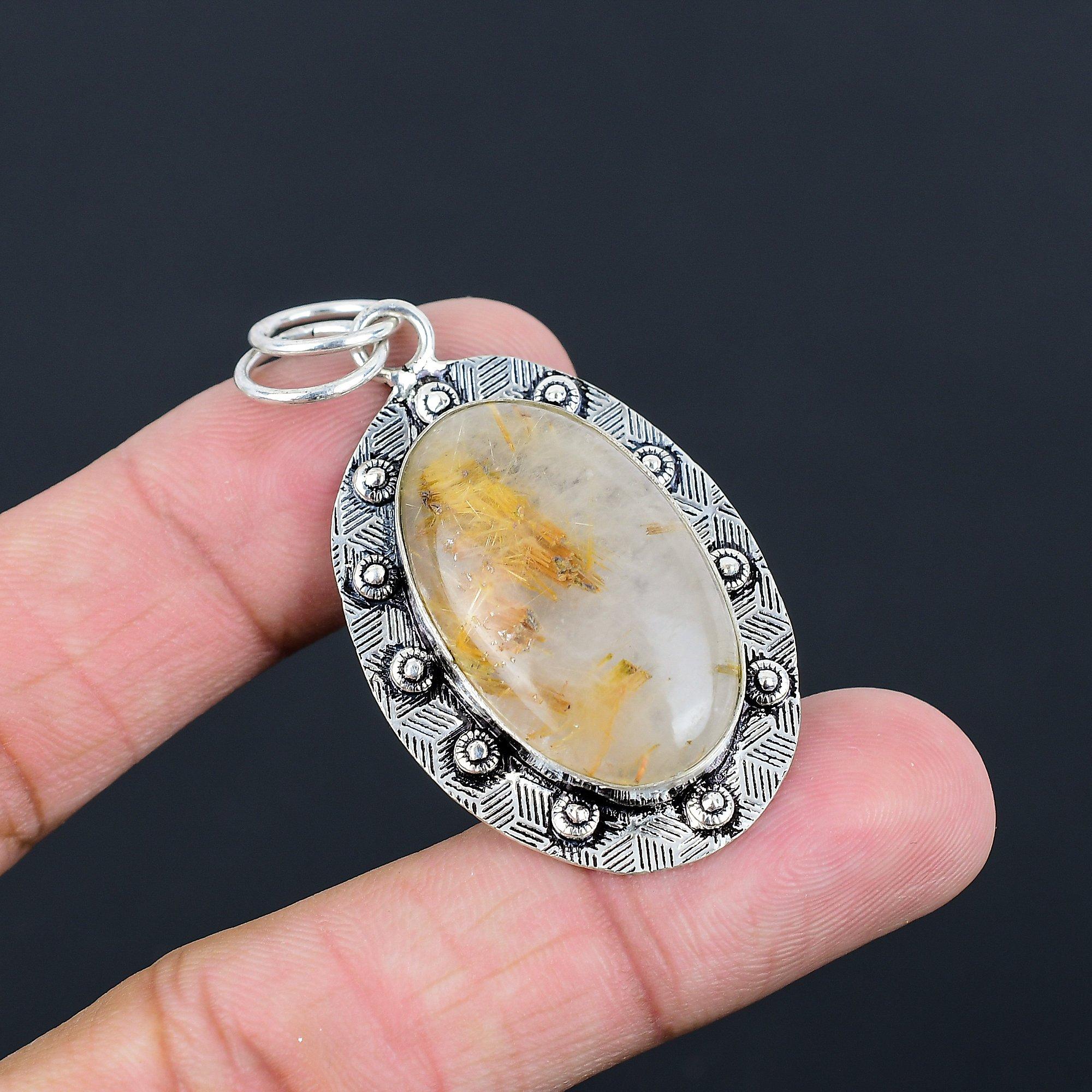 Mothers day Sale Oval Golden Rutile Gemstone Sister Pendant 925 Sterling Silver