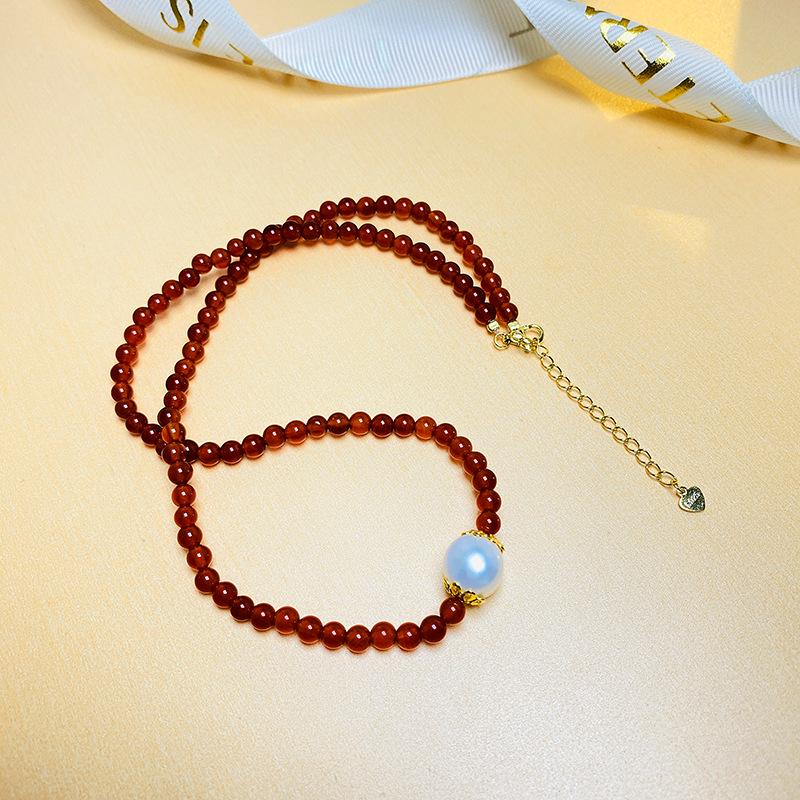 S925 Silver Red Agate & Pearl Tower Necklace - Light Luxury Chinese Style Women's Fashion