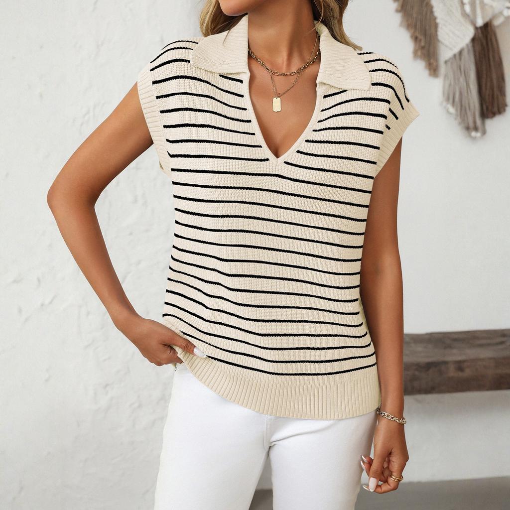 Women's V,neck Knitted Top Casual Striped Sleeveless Lapel Sweater