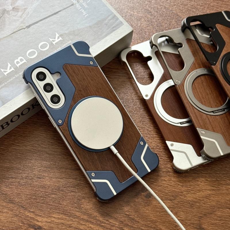 Walnut Wood Metal Borderless Armor Phone Case For Samsung Galaxy A57/A56 360 Rotating Magnetic Bracket Shockproof Cover
