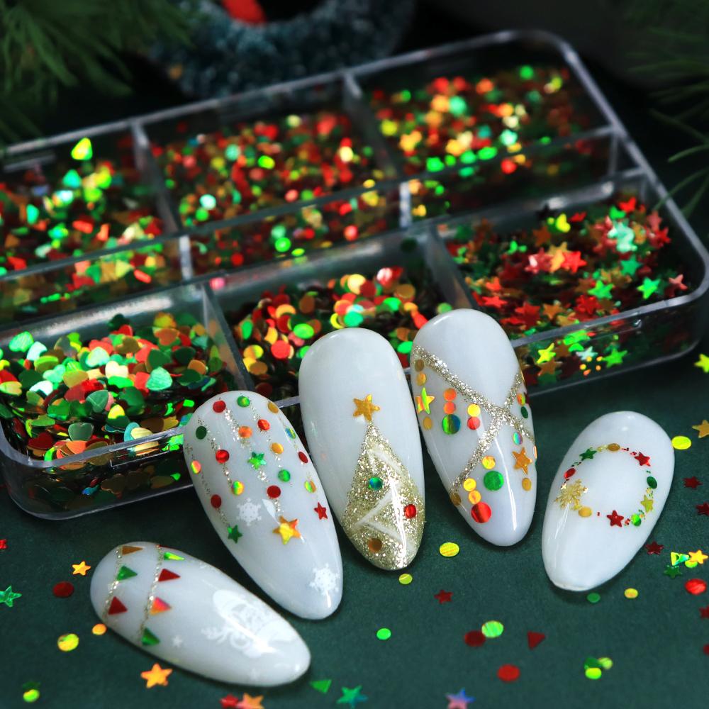 1 Box Christmas Nail Art Sequin Decorations, Mixed-shape Glitter Star, Heart Designs, Festive Nail Parts, Xmas Parties Nail Art Supplies