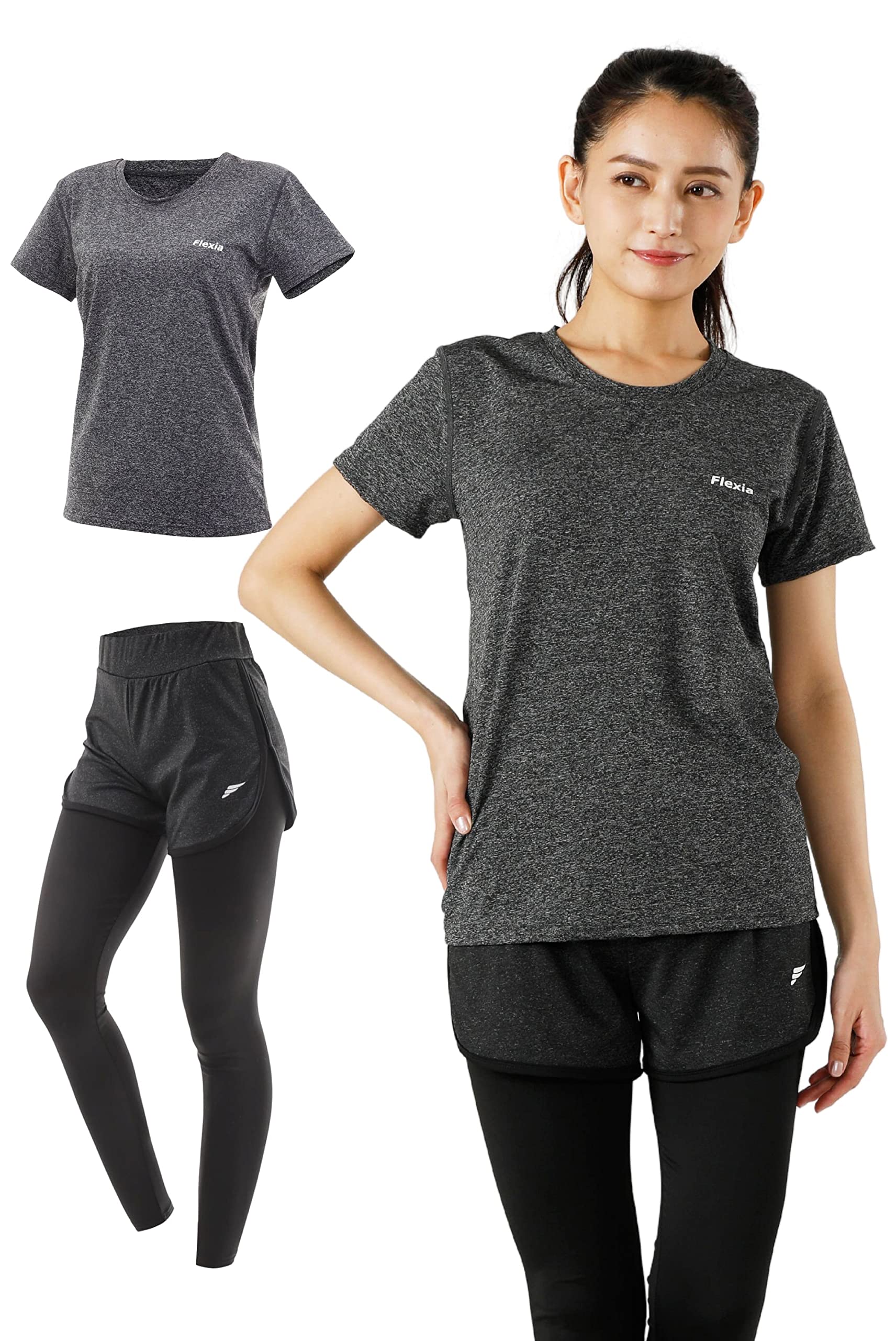 

Flexia Sportswear С коротким рукавом и идеально для и для занятий в зале Размер Женский Быстросохнущий Комплект, Футболка, Брюки, Леггинсы, Йога, Тренировки, (Темно-серый, M)