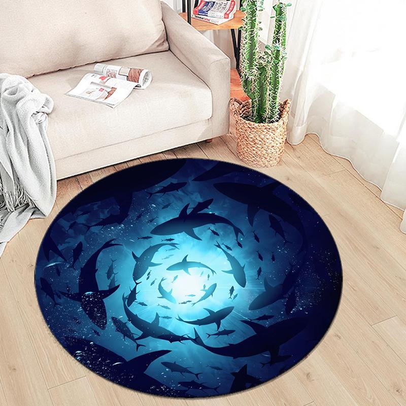 Crystal Velvet Shark Ocean Printed Round Area Rug, Chair Round Carpet for Bedroom, Living Room, Home Decor, Non-Slip Mat for Bedside