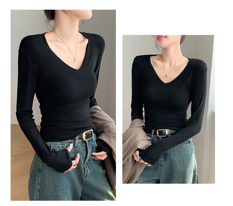 Spicy Girl Slim-Fit V-Neck Long-Sleeve Women's T-Shirt: Versatile, Solid Color, Ideal for Spring, Autumn, Winter.