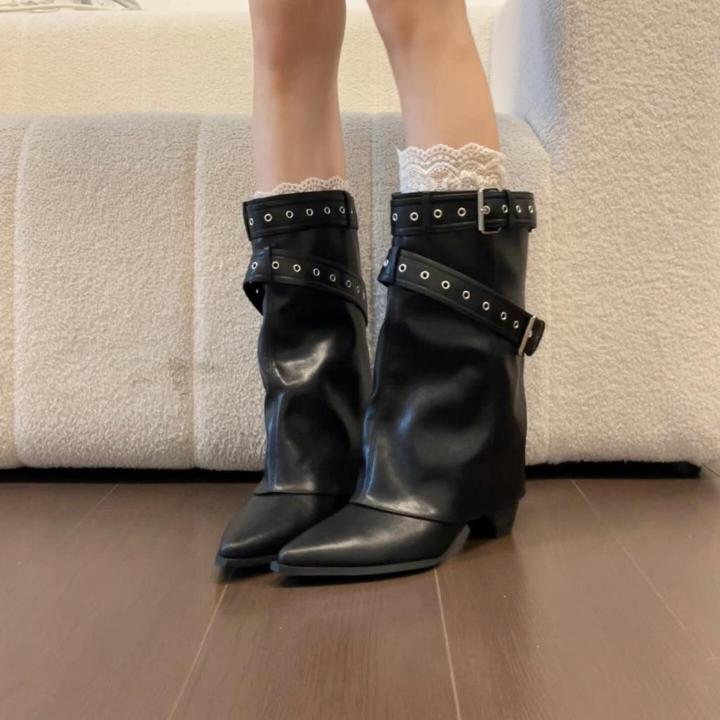 Maillard Babes Pants Boots Women's New Vintage Belt Buckle Pointed Suede Western Boots