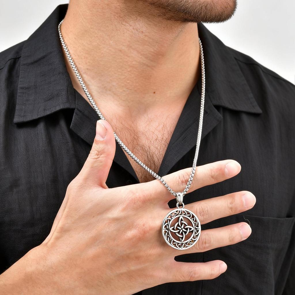 Vintage Celtic Knot Necklace for Men Boys,Stainless Steel Round Pendant Necklace,Punk Amulet Jewelry Gift