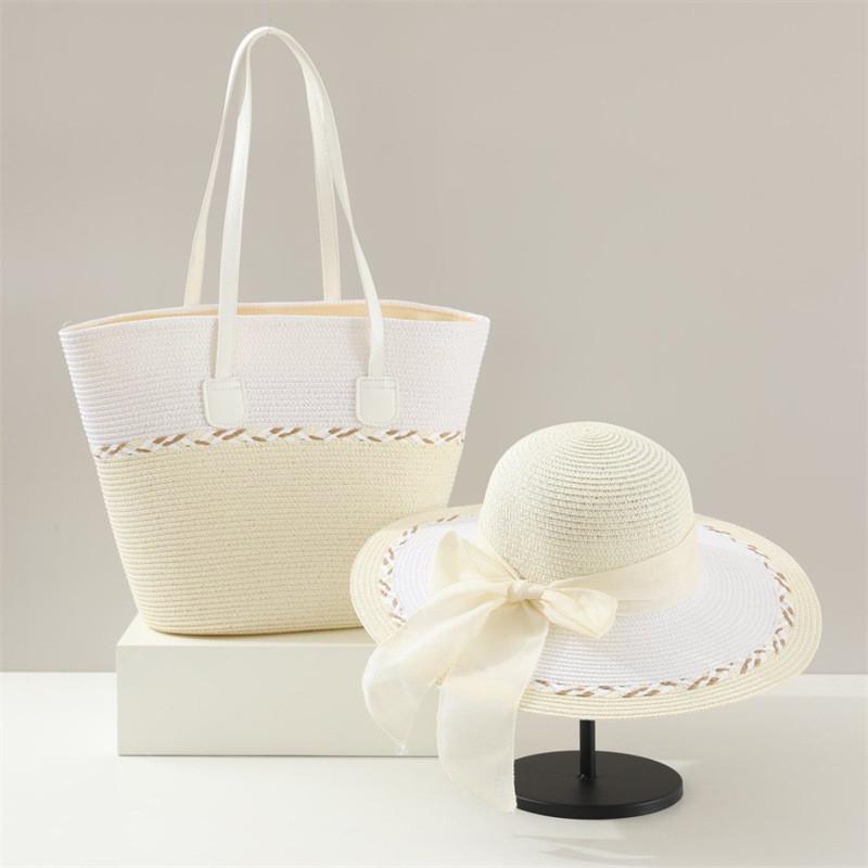 Woven Sun Hat And Large Capacity Straw Tote With Striped Pattern For Travel And Casual Wear