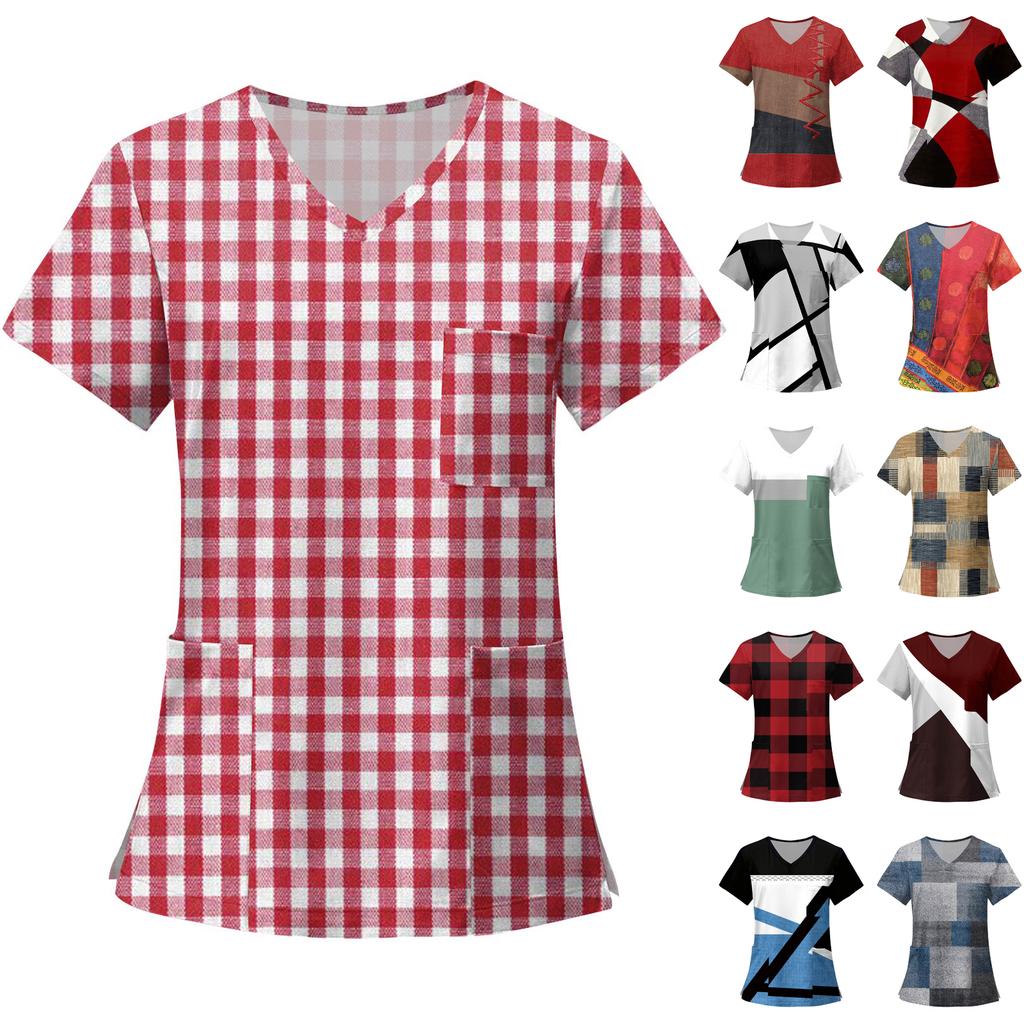 Women's Fashion Printed Short Sleeve V Neck Pattern Tops Pocket Working T-shirts