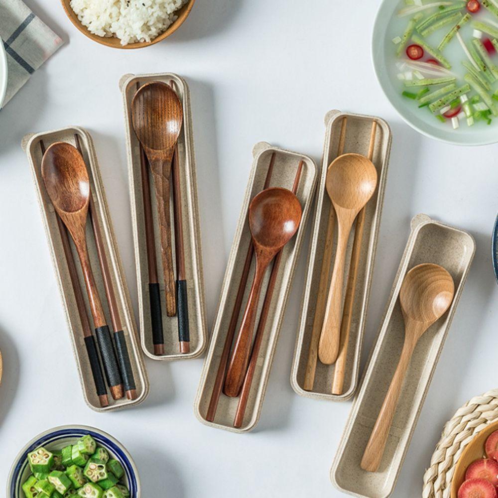 Convenient Travel Reusable Wooden Portable With Box Spoon Dinnerware Cutlery Set Chopsticks