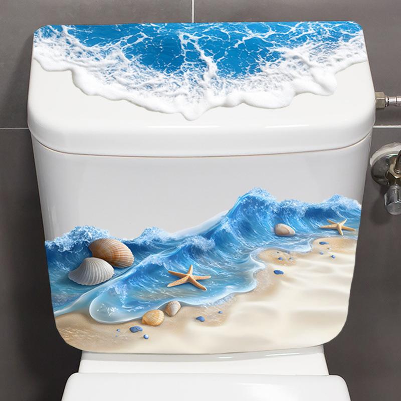 Ocean Wave Toilet Sticker Bathroom Realistic Beach Floor Decal Waterproof Anti-Slip Removable Bathtub Seashore Decoration