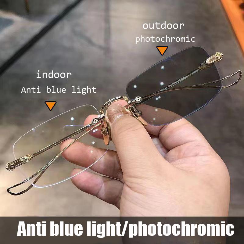 New Fashion Photochromic Glasses Vintage Frameless Square Frame Anti-Blue Light Eyeglasses Women Men Optical Eyewear Uv400