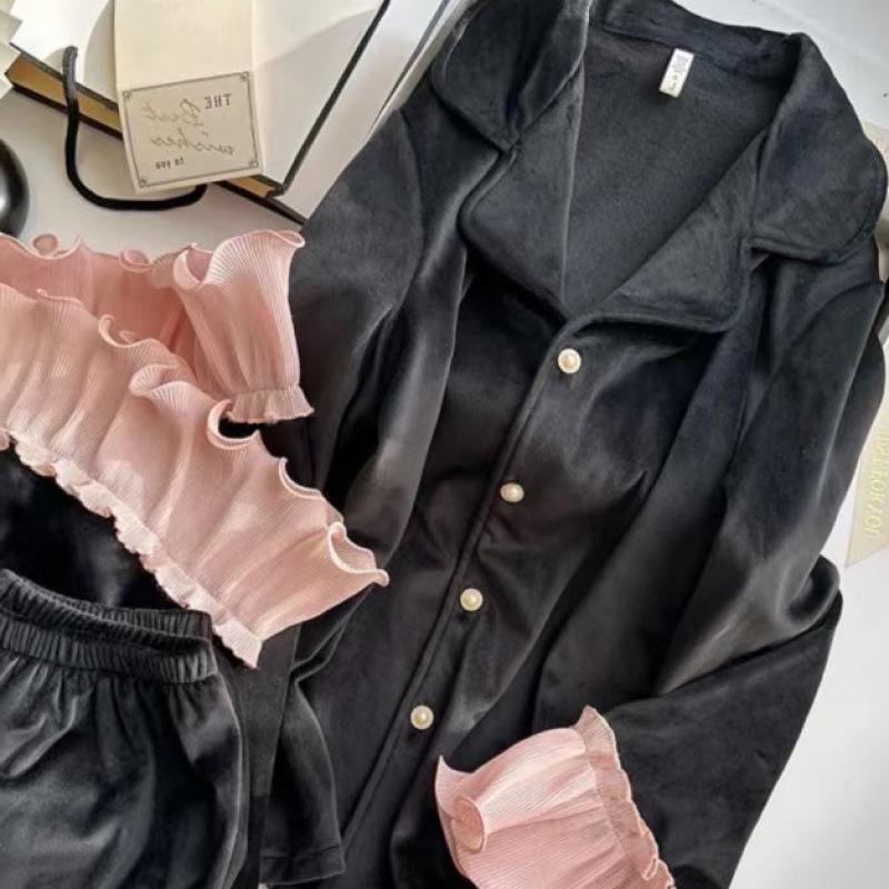 

Новый осенне-зимний женский пижамный комплект с длинным рукавом из флиса «Остров» с кардиганом, корейский стиль, двухсторонний флис, носить дома или на улице XL