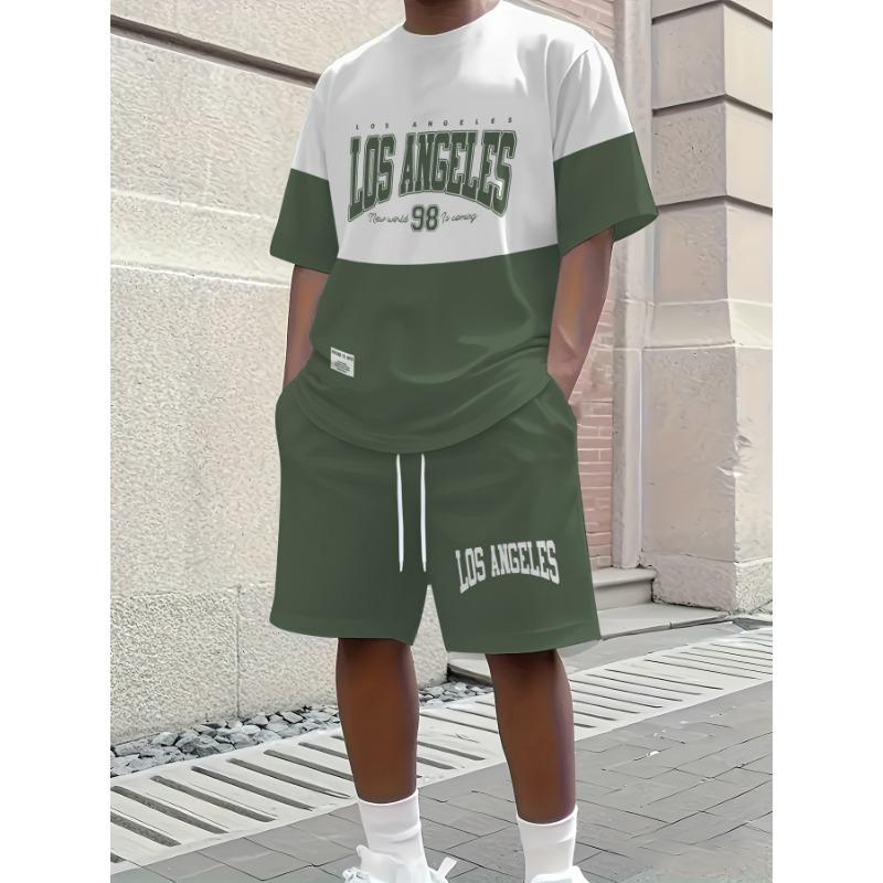 Men's Summer Los Angeles Fashion 2-Pack Monogram Print Crew Neck Short Sleeve Casual T-Shirt and Drawstring Shorts Set