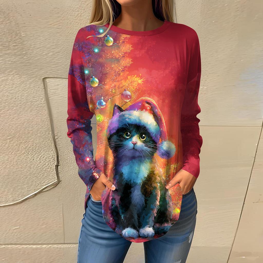 Tee Shirts For Women Casual Round Neck Long Sleeve Shirts Christmas Printing Top Pullover