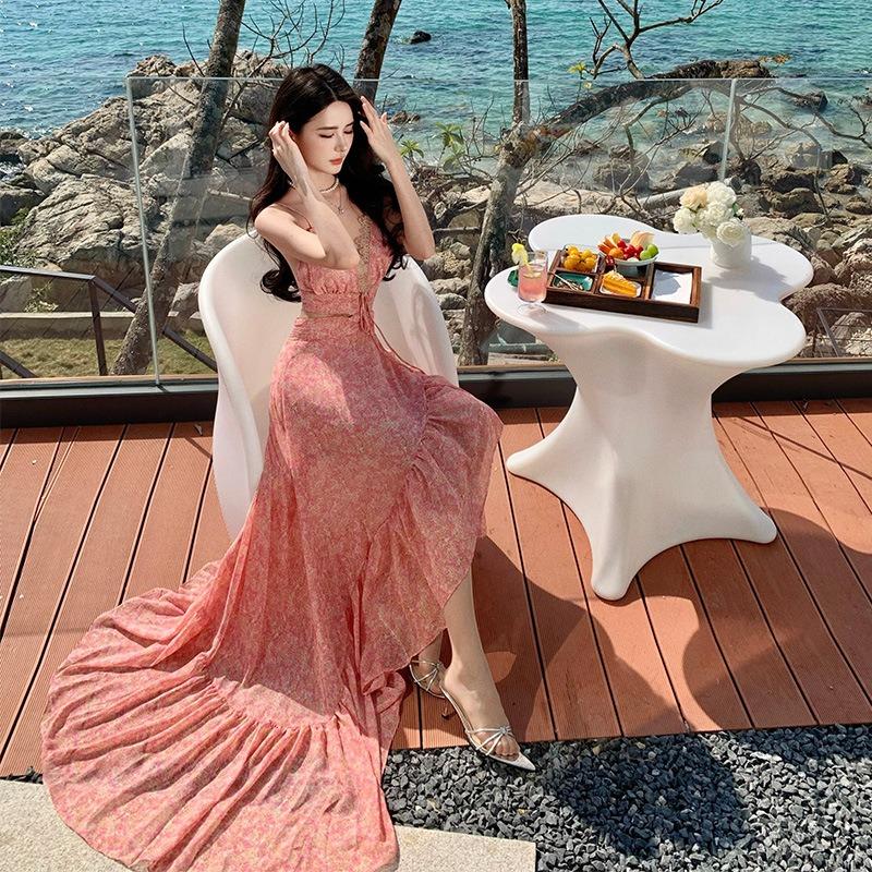 Pink Floral Trailing Suspender Dress Vacation Halter Dress Seaside Photo Pendulum Collar Waist Skirt S розовый