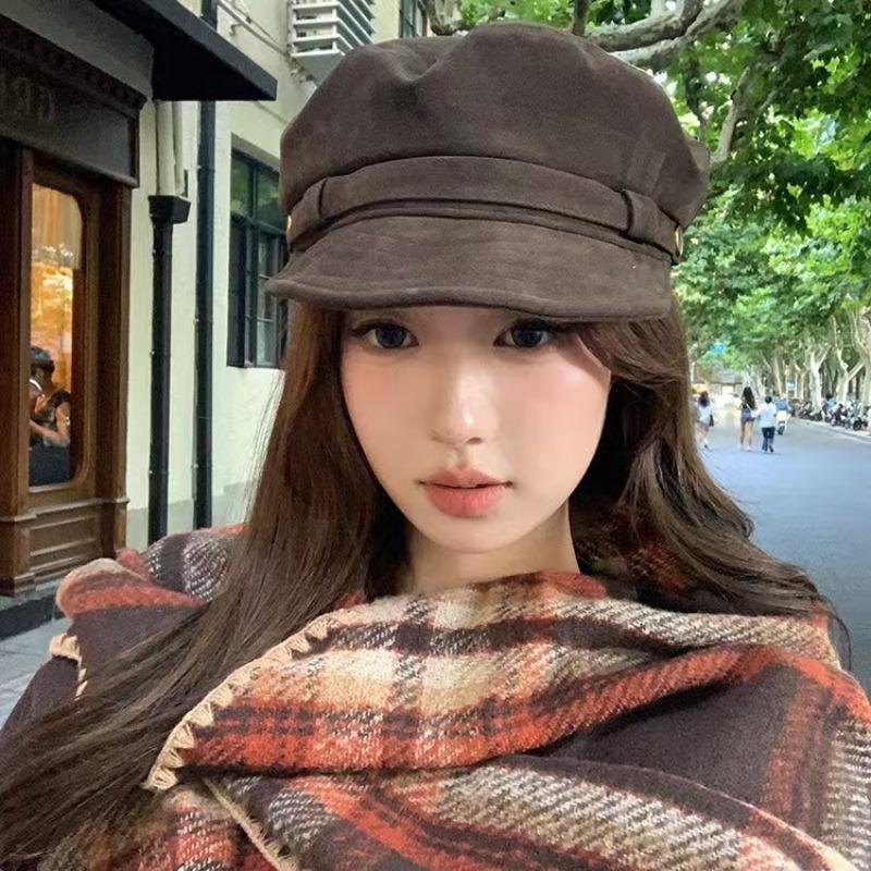 Autumn atmosphere Maillard~ Brown suede flat-topped newsboy hat for women's autumn and winter retro British octagonal beret