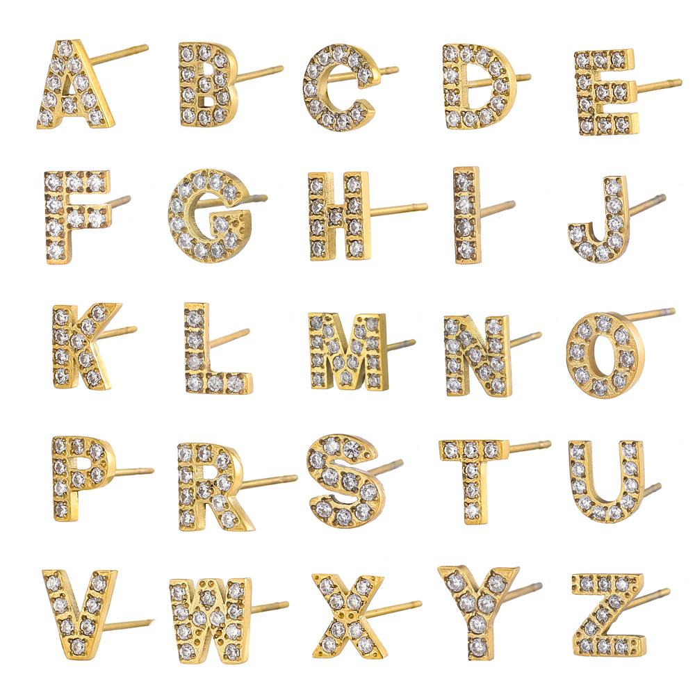 CARLIDANA A-Z Alphabet Initial 26 Letter Stainless Steel Gold Plated Cubic Zircon Paved Fashion Jewelry CZ Stone Stud Earring