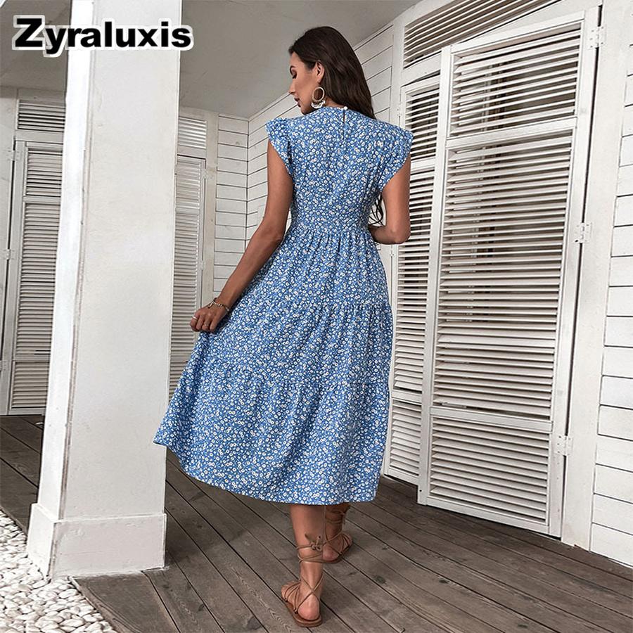 Clothing Summer Maxi Dress Floral High Waist Blue Sweet Lolita Dress XL