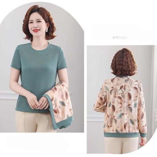 Women's Knit Top Two-Piece Set for Spring Women's Printed Knit Cardigan Round Neck Knit Short Sleeve T-Shirt Two-Piece Set Outdoor Wear
