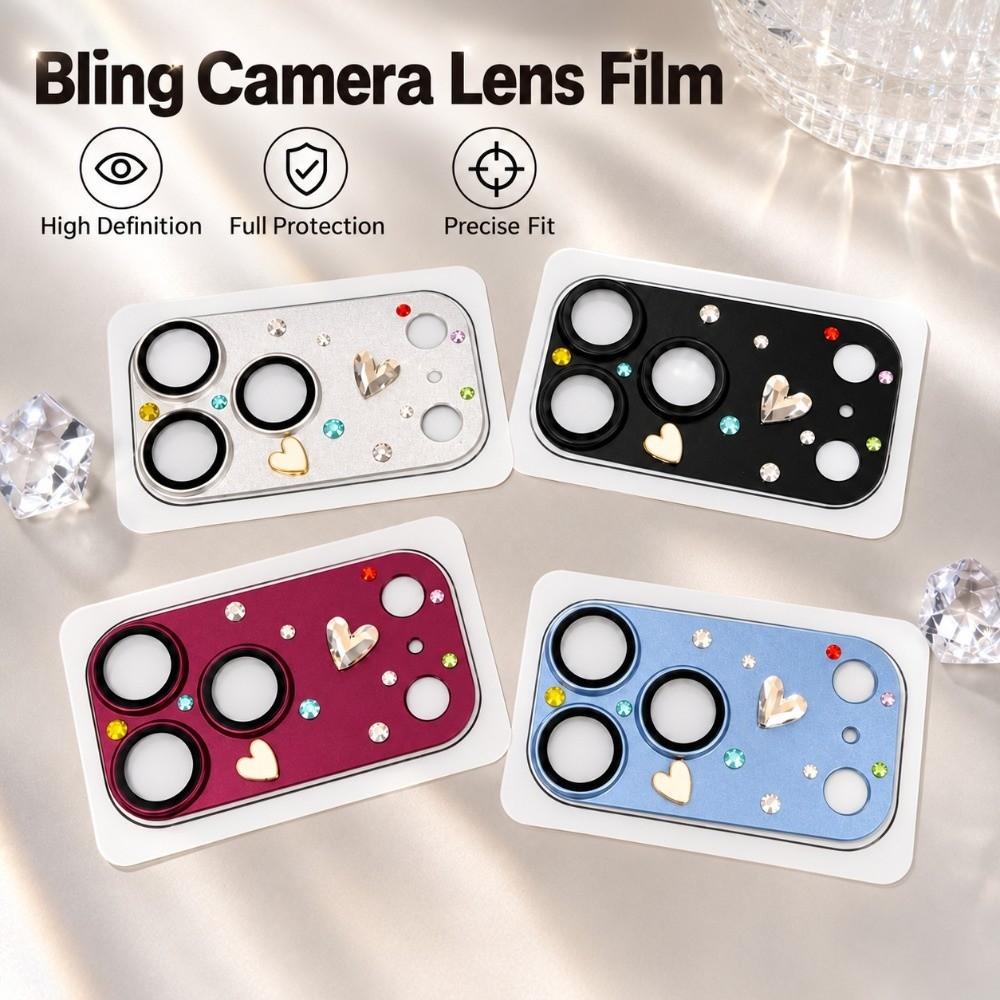Diamond 3D Heart Glass Cell Phone Camera Protector Clear HD Anti Scratch Cell Phone Lens Film Full Cover for iPhone18 Pro Max 4