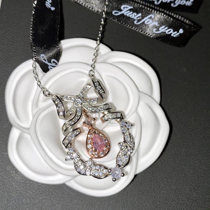 Versa Luxury Pink Zircon Bow Necklace - Women's Elegant Pendant for Christmas & Valentine's Gift