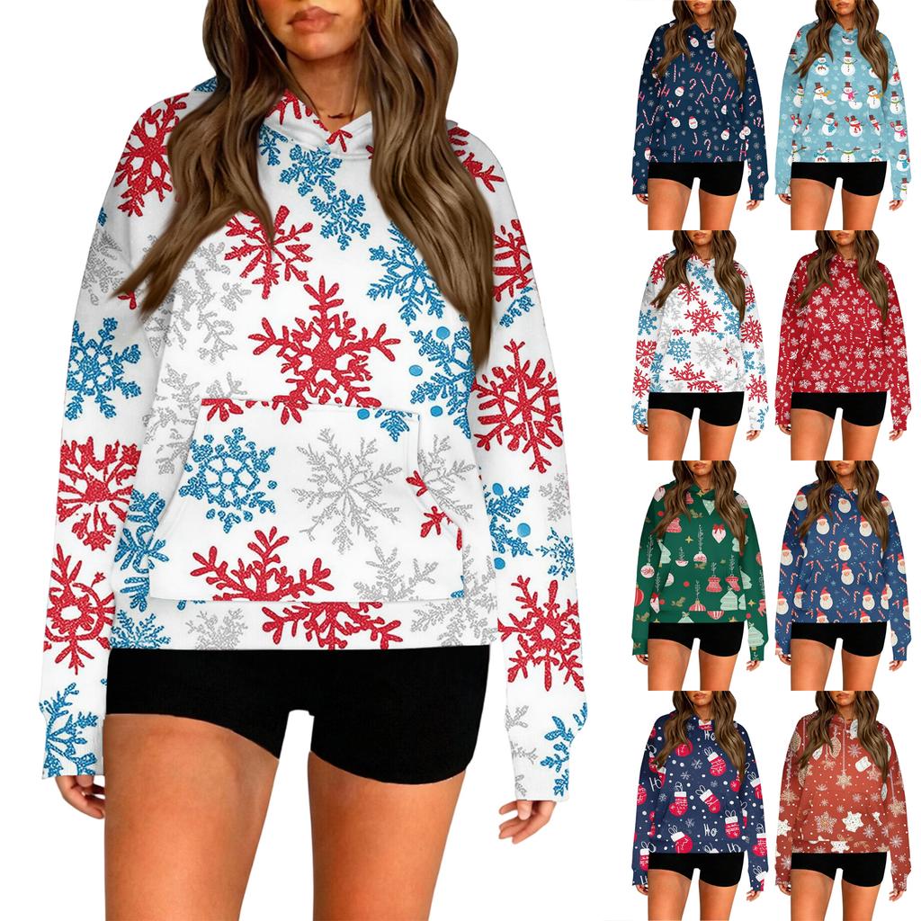 Women's Fashion Long Sleeve Hooded Christmas Printed Top Sweatshirt