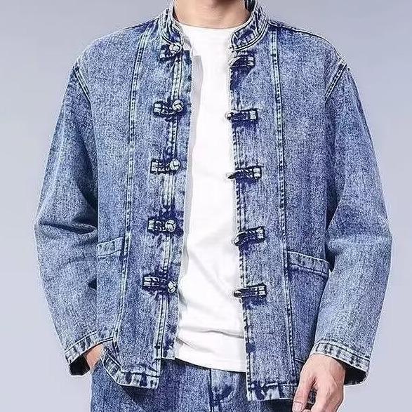 Men's Retro Chinese Style Denim Jacket: Frog Button Patchwork, Stand Collar, Loose Fit